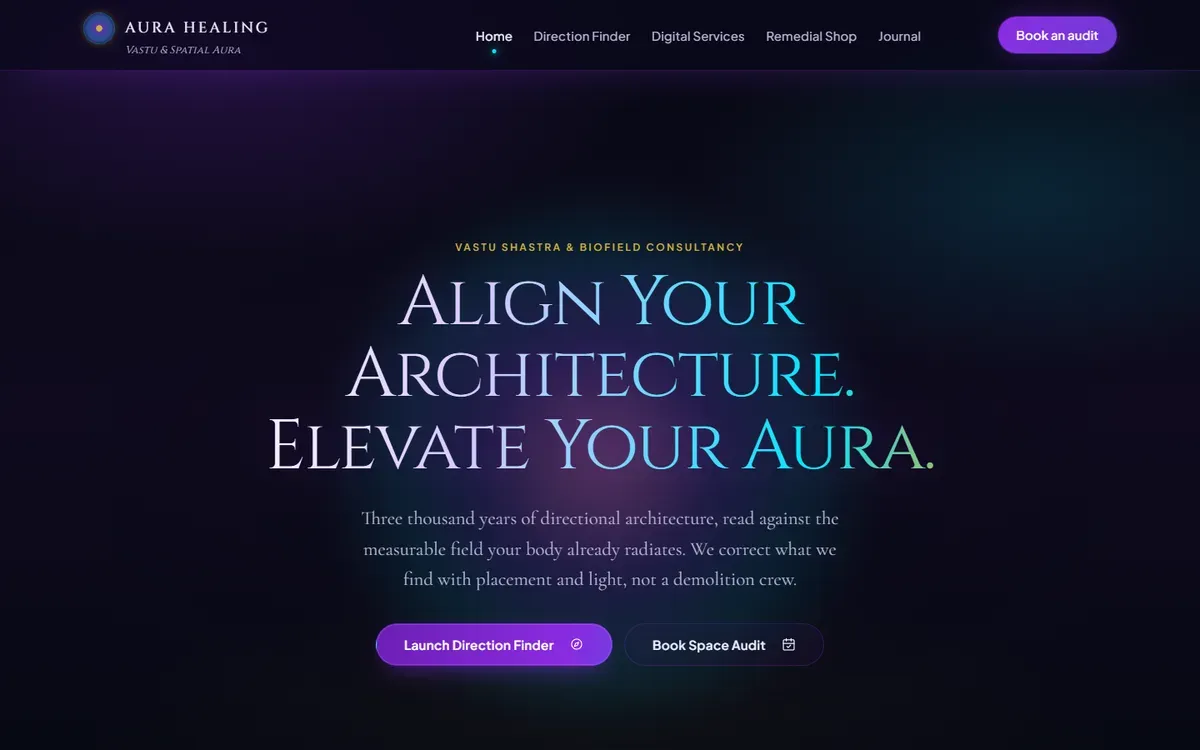 AURA Healing website homepage: Align Your Architecture. Elevate Your Aura.