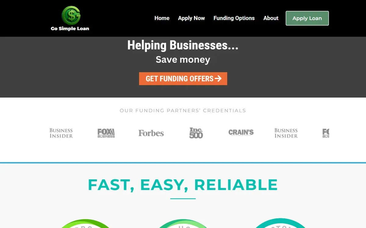 Go Simple Loan website homepage: Helping Businesses Save Money, Get Funding Offers