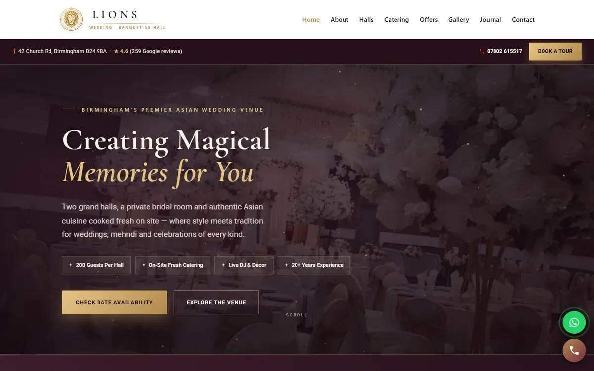 Lions Banqueting Hall website homepage: Creating Magical Memories for You